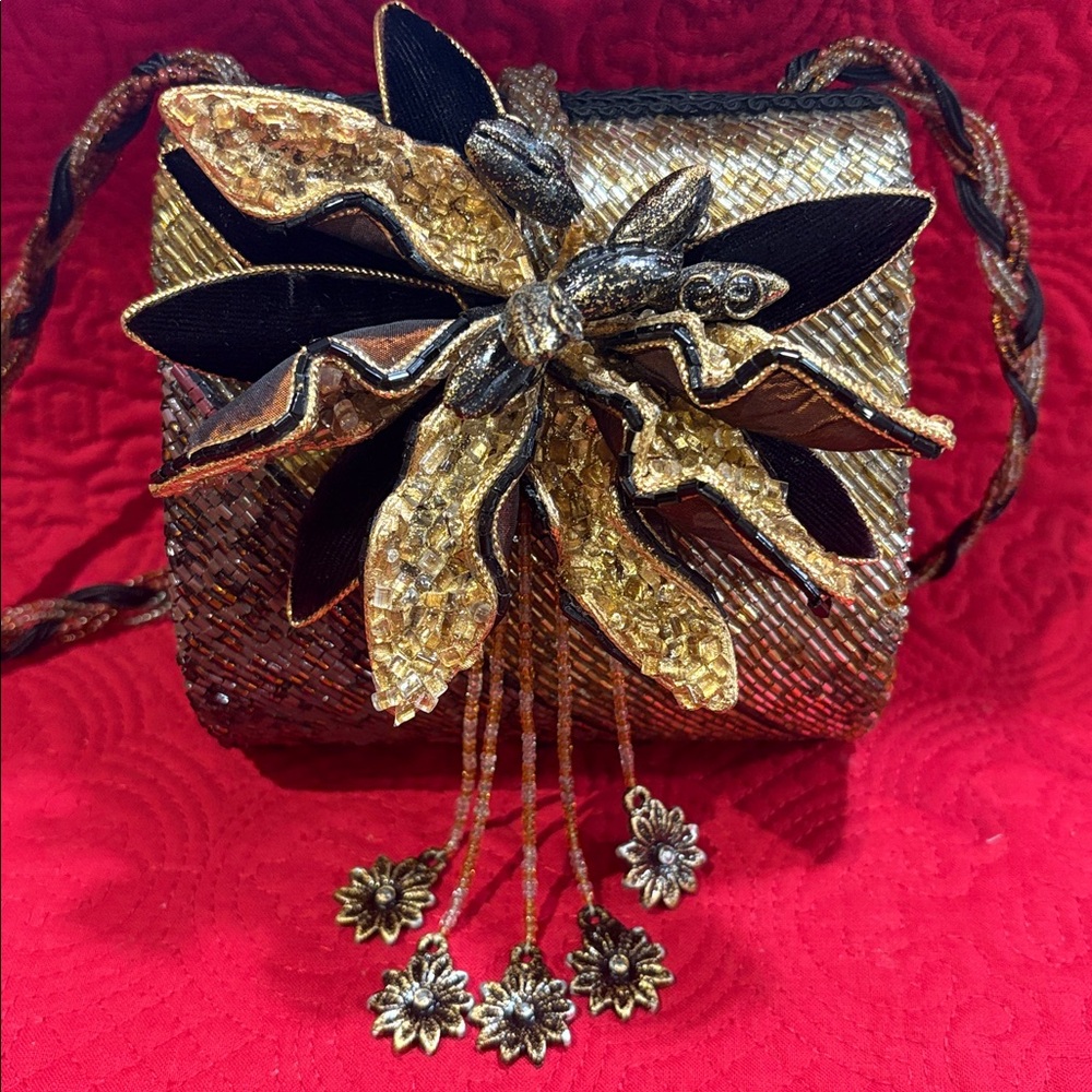 MARY FRANCES Bag Clutch Beaded rare Purse shoulder handbag Gold Flowers jeweled - Picture 3 of 17